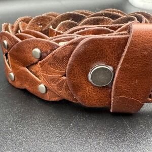 Womens Brown Braided Leather Belt Floral Embossed Studded Western Boho Medium